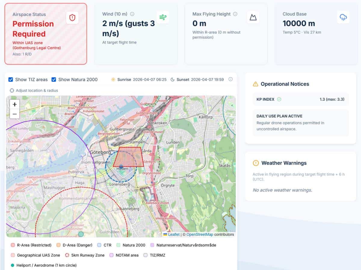 Exempel på en briefing i DroneBrief med luftrumsstatus, vind, maxhöjd, karta med zoner och operativa meddelanden.